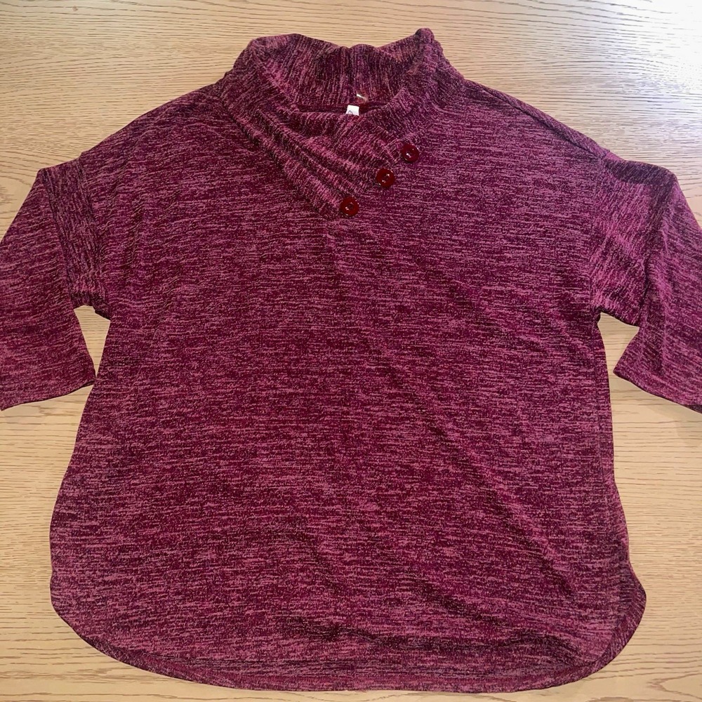 NY Collection Womens M Burgundy Heathered Cowl Neck Button 3/4 Sleeve Sweater